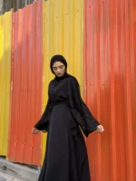 Mina Ferace Dubai Krep Fermuarlı & Kuşaklı (Rahat Kalıp) Geniş Kol - Görsel 7