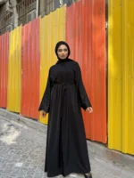 Mina Ferace Dubai Krep Fermuarlı & Kuşaklı (Rahat Kalıp) Geniş Kol - Görsel 8