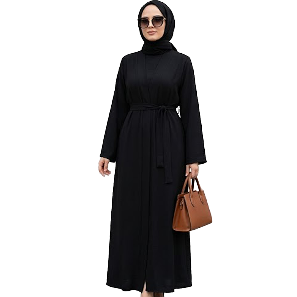 abaty543 3 Parça Organik Lyocell Krep Takım Jile + Kaftan + Kuşak Organik Kumaş Siyah - Görsel 1