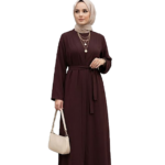 3 Parça Organik Lyocell Krep  Abaya Takım  Jile + Kaftan + Kuşak  Acıkahve