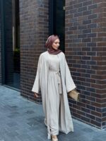 3 Parça Organik Lyocell Krep Abaya Takım  Jile + Kaftan + Kuşak Organik Kumaş Taş - Görsel 2