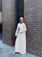 3 Parça Organik Lyocell Krep Abaya Takım  Jile + Kaftan + Kuşak Organik Kumaş Taş - Görsel 6